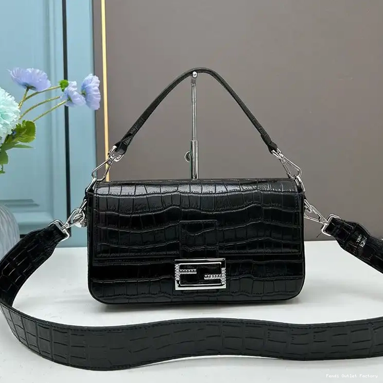 HOT Leather Crocodile Fendi Re-Edition Bag Black In Baguette Medium 0704